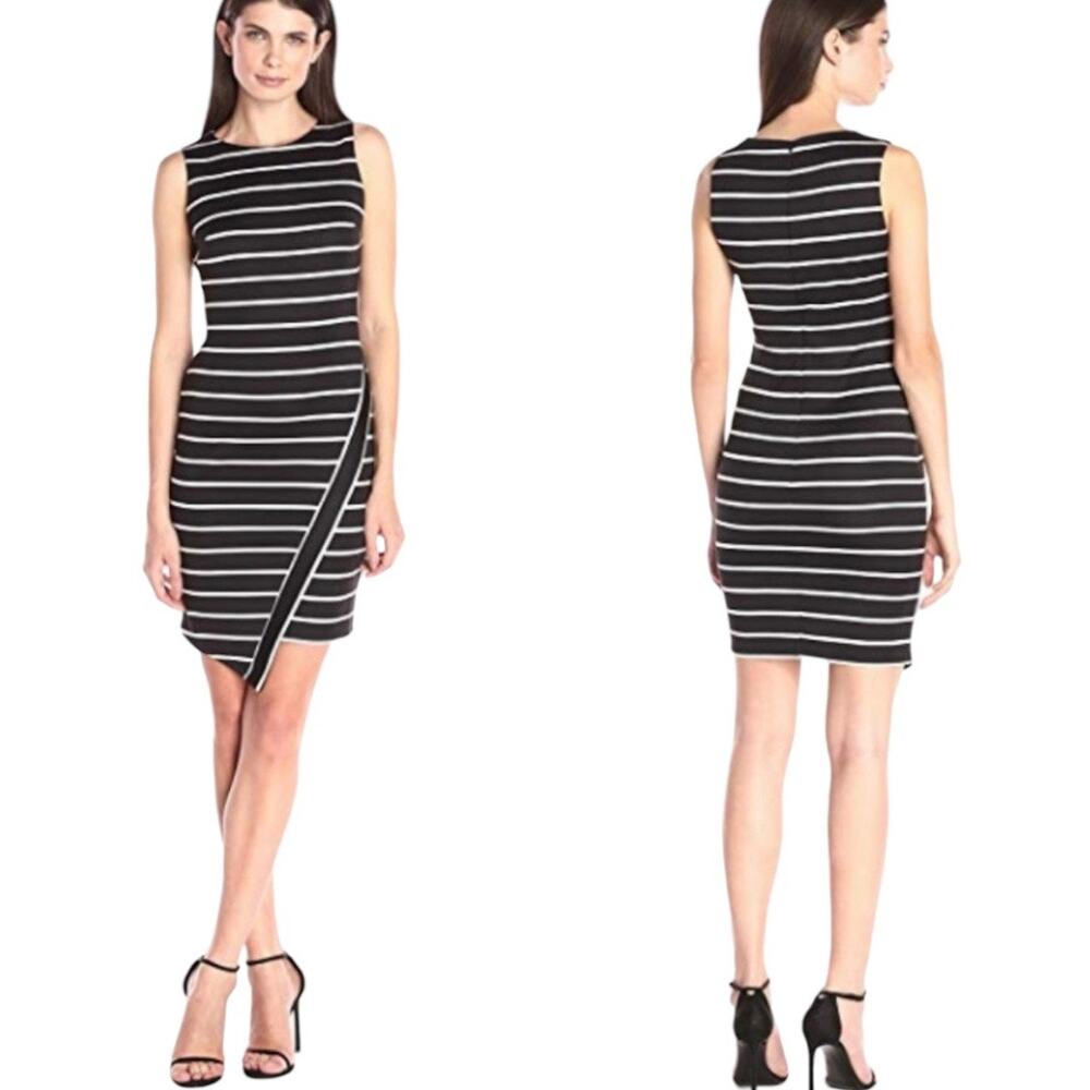 London Times Size 12 Striped Scuba Knit Asymmetric Sheath Dress Sleeveless